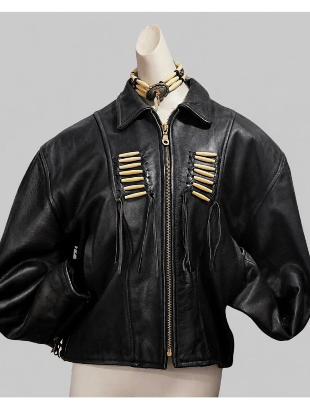 VTG Force Leather Motorcycle Jacket Women 10 Fringe Tribal Beaded Western Black
